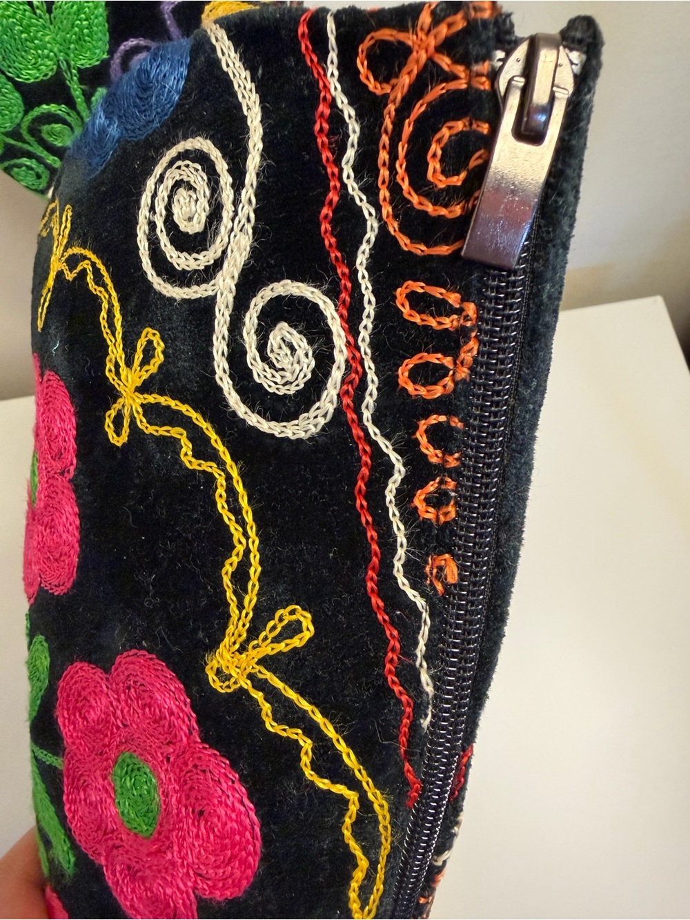 Women's Knee-High Embroidered Floral Boots - Black with Pink & Green - Picture 6 of 8